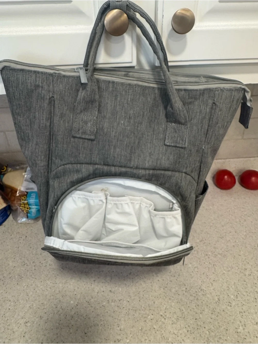 Grey Fabric Baby Diaper Bag Backpack Tote